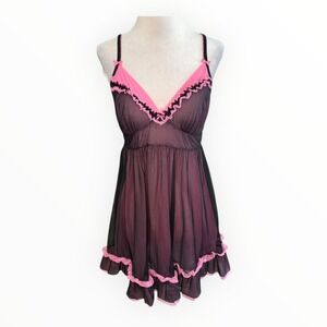 Betsey Johnson Intimates Babydoll Lingerie Chemise Sheer Black Pink Ruffle Large